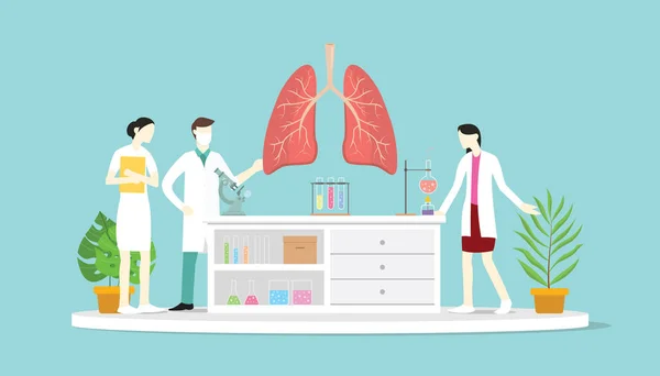 医生小组在实验室中探讨和教授人体肺解剖健康状况--载体说明 — 图库矢量图片