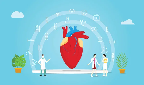 Menschliche Herzgesundheit Teamarzt und Krankenschwester Behandlung mit medizinischer Ikone Verbreitung - Vektorillustration — Stockvektor