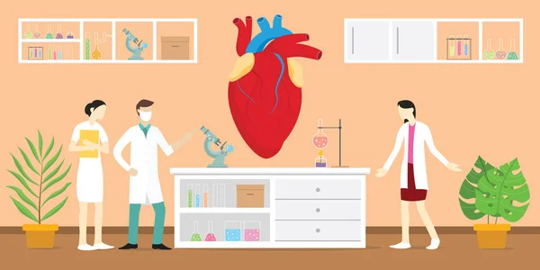 Anatomía del corazón humano análisis científico salud en laboratorio con herramientas equipo - vector — Archivo Imágenes Vectoriales