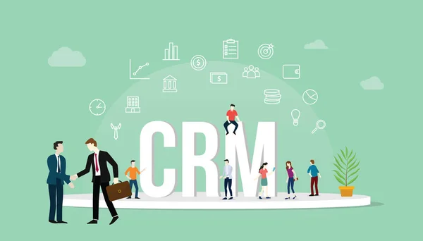 CRM customer relation management koncept med ikonen för personer och företag med stor text - vektor — Stock vektor