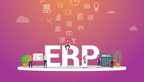 作業チームの人々 と erp ビジネス コンセプト一緒に大きなテキストとアイコン - ベクトル — ストックベクタ