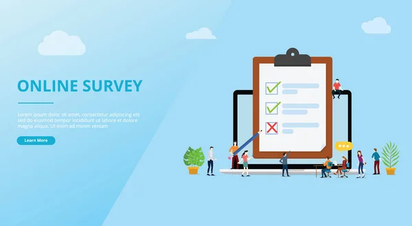 Online survey concept with people and checklist surveys for website template banner design - vector — Stock Vector