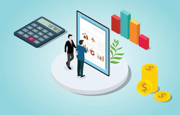 Isometric financial check analysis with people and data chart with money - vector — Stock Vector