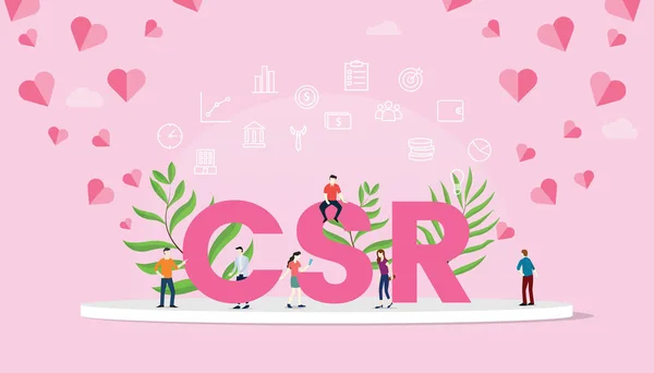 CSr концепція корпоративної соціальної відповідальності великий текст з командою людей, що працюють з сучасним рожевим кольором вектор — стоковий вектор