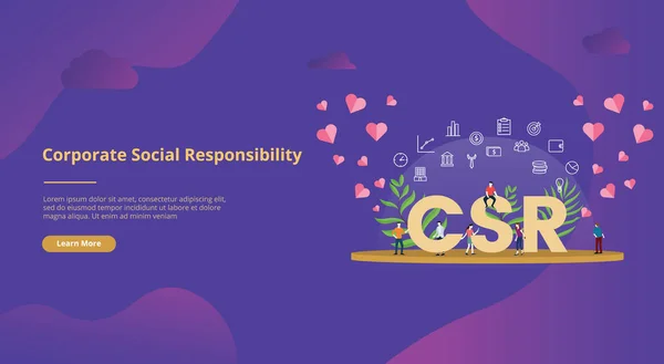 Csr концепция корпоративной социальной ответственности большой текст с людьми для дизайна баннера шаблона сайта с современным фиолетовым цветом - вектор — стоковый вектор