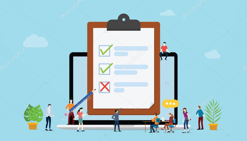 online survey concept with people and checklist surveys on paper clipboard with laptop - vector