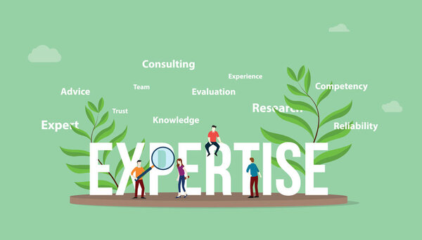 expertise concept with people team and big text with leaf and text related spread around - vector