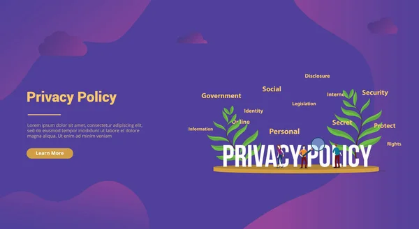 Concetto di privacy policy con team di persone e grande testo per homepage di atterraggio modello sito web - vettore — Vettoriale Stock