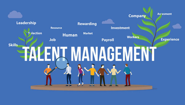talent management concept with big text and team people with green leaf - vector