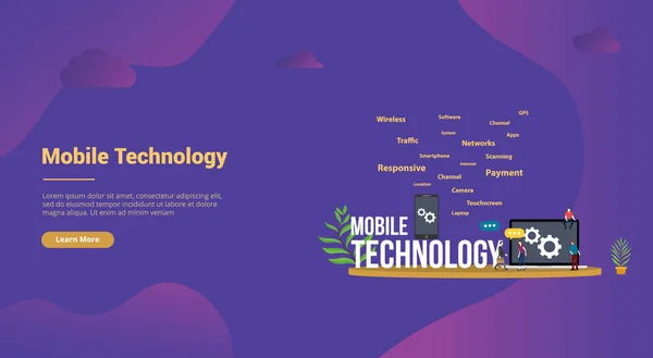 Concetto di tecnologia mobile con smartphone e laptop con persone del team per banner homepage di atterraggio modello sito web - vettore — Vettoriale Stock