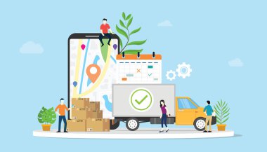 ekip insanlar kamyon ve mobil uygulamalar akıllı telefon ile online teslimat mal e-ticaret kavramı - vektör
