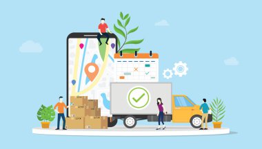 online delivery goods ecommerce concept with team people truck and mobile apps smartphone - vector clipart