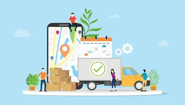 Concepto de comercio electrónico de mercancías de entrega en línea con la gente del equipo camión y aplicaciones móviles smartphone - vector — Archivo Imágenes Vectoriales