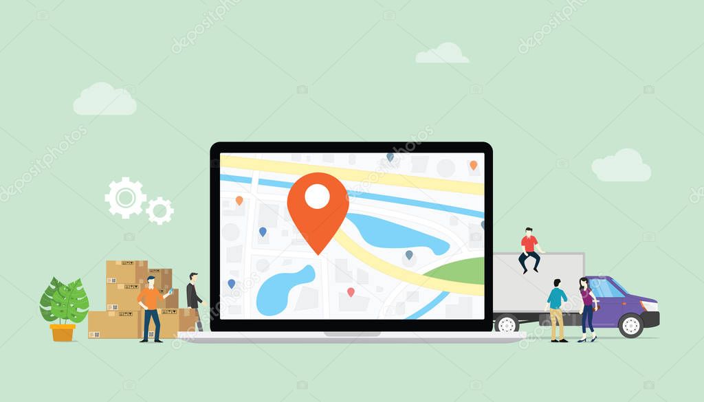 online delivery service with laptop and gps pin location with goods stack and truck deliver - vector