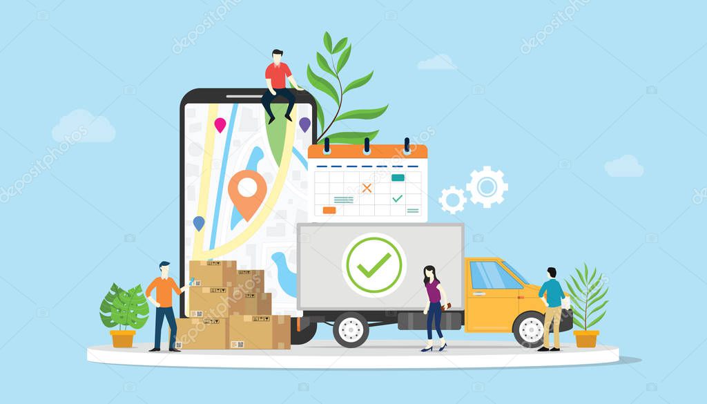 online delivery goods ecommerce concept with team people truck and mobile apps smartphone - vector