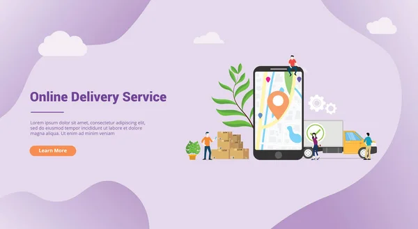 Online delivery service concept met apps mobiele GPS locatie voor website sjabloon landing banner of homepage Web-vector — Stockvector