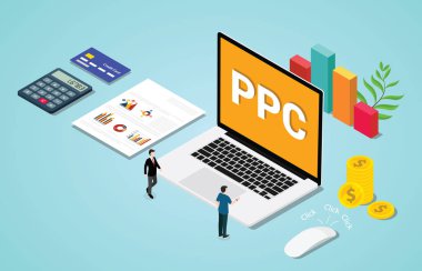 izometrik 3d ppc dizüstü bilgisayar ve tıklanan fare işareti ile clik reklam veya reklam kavramı başına ödenen - vektör