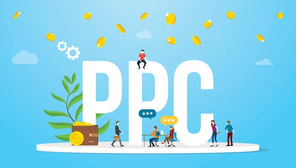 Ppc 는 하늘에서 떨어지는 돈을 가진 큰 단어와 팀 사람들과 클릭 개념 광고 사업 제휴 당 지불 - 벡터 — 스톡 벡터