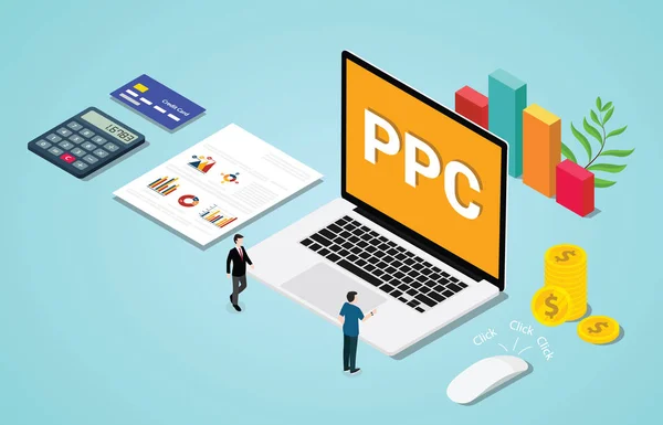 izometrik 3d ppc dizüstü bilgisayar ve tıklanan fare işareti ile clik reklam veya reklam kavramı başına ödenen - vektör