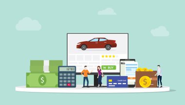 web sitesi bilgisayarda takım insanlar ve finans ekibi ile online araba alışveriş e-ticaret teknolojisi - vektör
