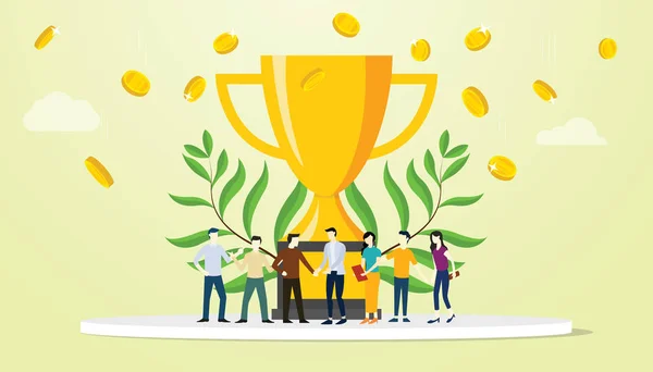 team people success business with big golden trophy and modern flat style with green background - vector