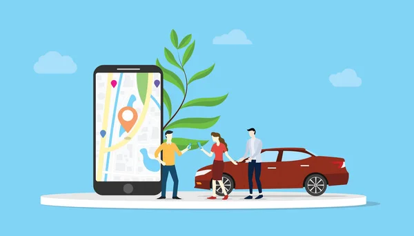 Compartilhamento de carro on-line para o transporte da cidade com pessoas e mapas de aplicativos para smartphones localização gps - vetor —  Vetores de Stock