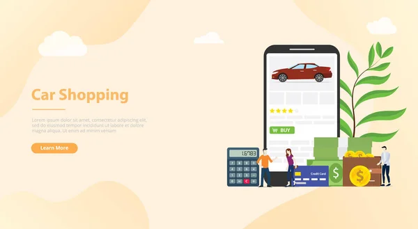 Tecnologia de e-commerce de compras de carro online com aplicativo de smartphone para banner de modelo de site ou homepage de destino - vetor — Vetor de Stock