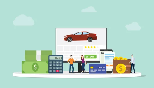 Tecnología de comercio electrónico de compras de coches en línea con la gente del equipo y el equipo de finanzas en la computadora del sitio web - vector — Vector de stock