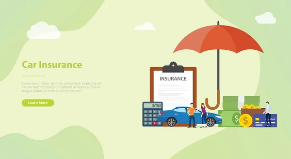 Conceito de seguro de carro com pessoas homens e mulheres com carros e guarda-chuva vermelho para banner modelo de site ou homepage desembarque - vetor —  Vetores de Stock