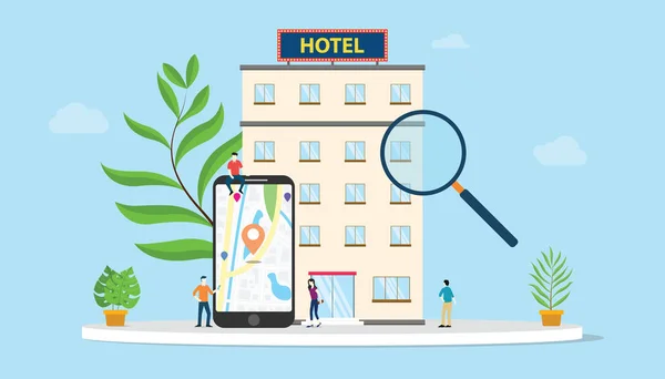 Encontrar hotel o buscar hotel concepto con mapas de teléfonos inteligentes ubicación GPS y la construcción con la gente del equipo y el estilo plano moderno - vector — Vector de stock