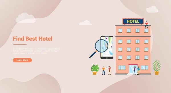 Encontrar hotel ou pesquisa conceito de hotéis para banner modelo de site ou homepage de destino com estilo plano moderno - vetor — Vetor de Stock