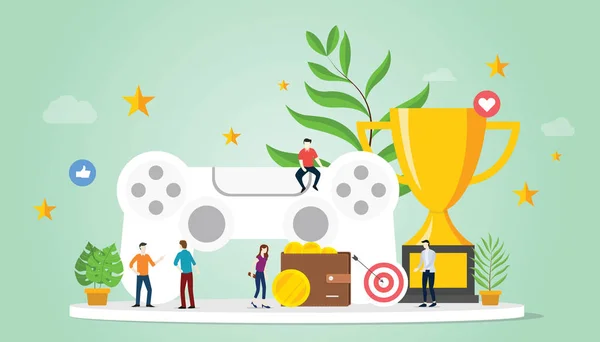 Koncepcja życia gamification z bramek Nagroda i gwiazda z zespołem ludzi i wielkim trofeum z nowoczesnym płaskim stylu-wektor — Wektor stockowy