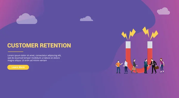 Customer retention concept with big words and team people for website design page or landing homepage banner - vector — Stock Vector