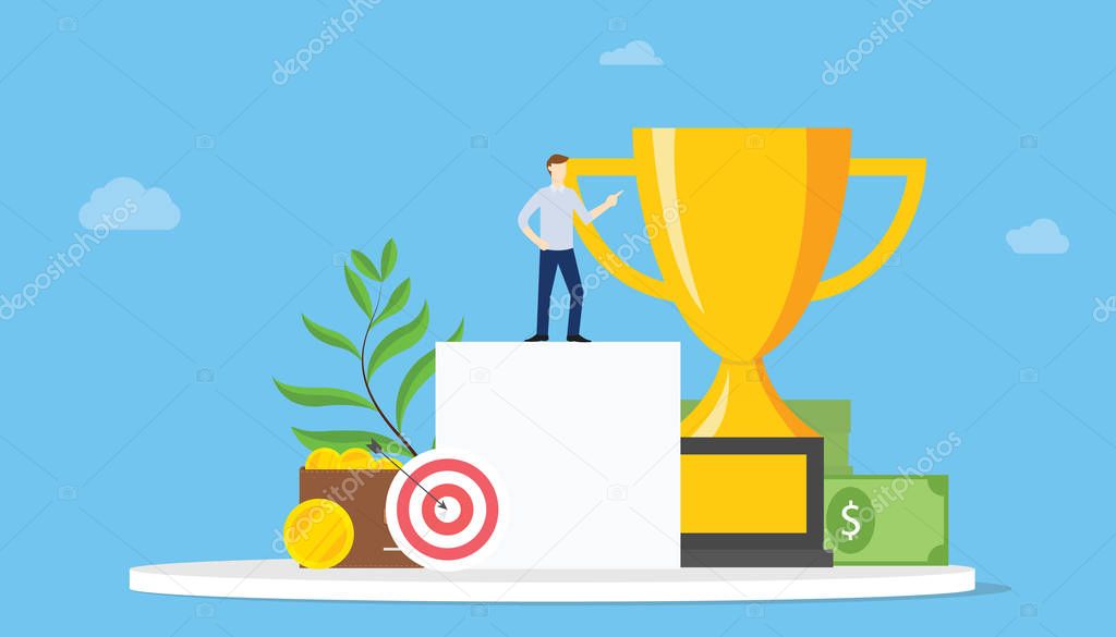 high goals personal target concept with people and achievement and dart with big trophy - vector