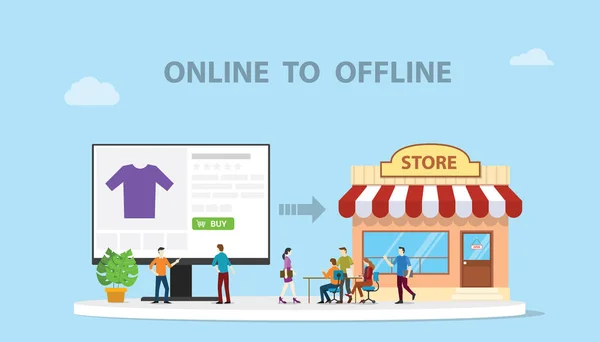 O2o on-line para off-line e-commerce nova tecnologia conceito com loja e site on-line ilustração estilo moderno - vetor — Vetor de Stock