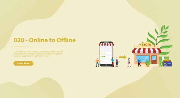 O2o online to offline e-commerce nuova tecnologia di concetto con negozio e pagina web per il modello di sito web o banner homepage di atterraggio - vettore — Vettoriale Stock