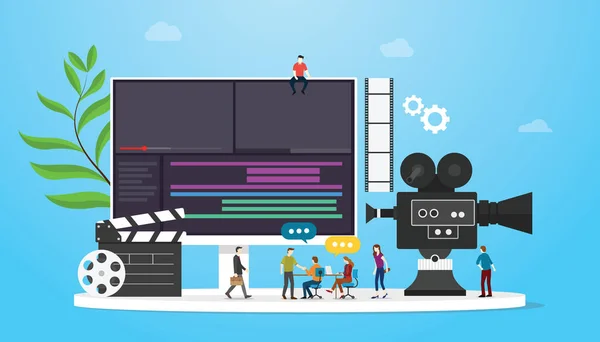 Conceito de produção de vídeo filme com pessoas de equipe e edição de câmera com pessoas de equipe com estilo moderno plano - vetor — Vetor de Stock