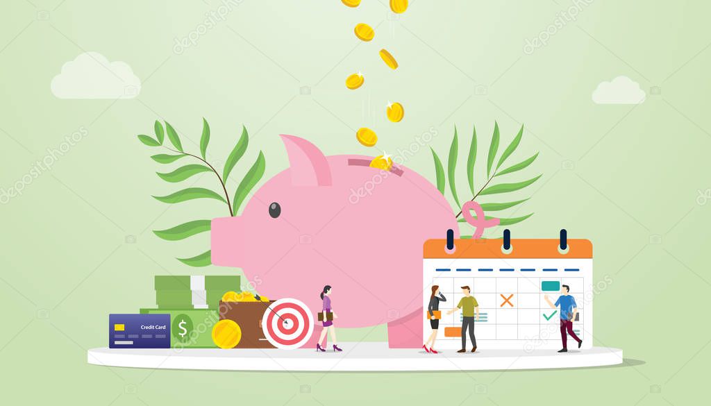 monthly budget planning concept with saving piggy icon and calendar with team people and modern flat style - vector