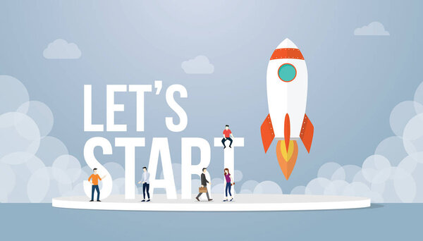 lets start big words concept with team people and rocket startup launch business with team people and smoke with modern flat style - vector