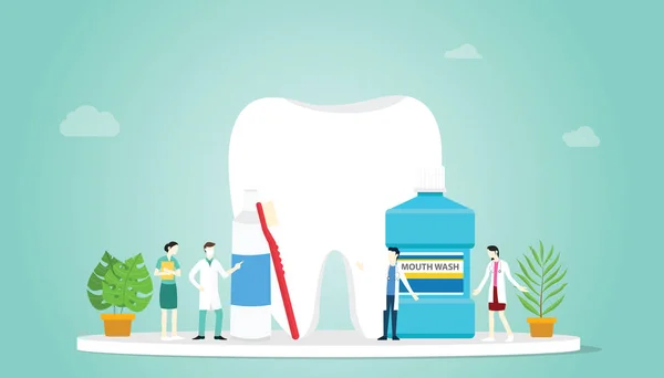 Takım doktoru ve büyük dişler ve temizlemek için bazı araçlar ile diş veya diş bakımı sağlıklı - vektör — Stok Vektör
