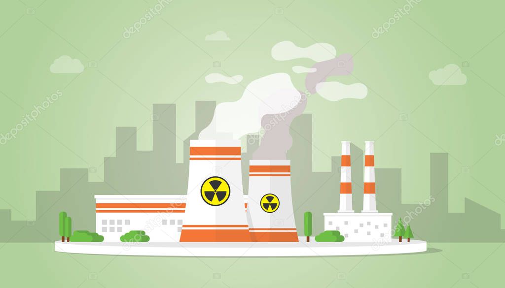 nuclear power plant technology resources alternative with big reactor building on the city area - vector