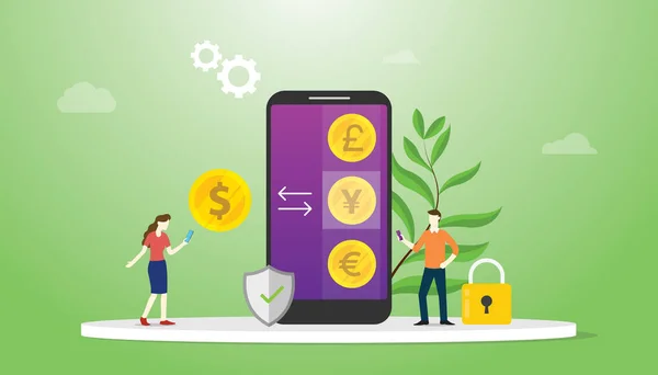 Νόμισμα ανταλλαγή χρημάτων έννοια με φορητές εφαρμογές smartphone με επιλογές επενδυτική τεχνολογική επένδυση-διάνυσμα — Διανυσματικό Αρχείο