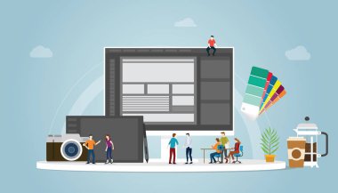 takım insanlar ve kalem tablet pantone ve bilgisayar gibi bazı araçlar ile grafik tasarım ve tasarımcı kavramı - vektör
