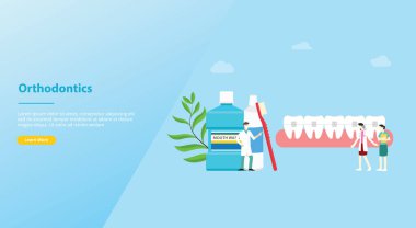 web sitesi şablonu veya iniş ana sayfası için modern düz tarzı ile takım doktoru ve hemşire insanlar diş ile ortodonti diş hekimi kavramı - vektör