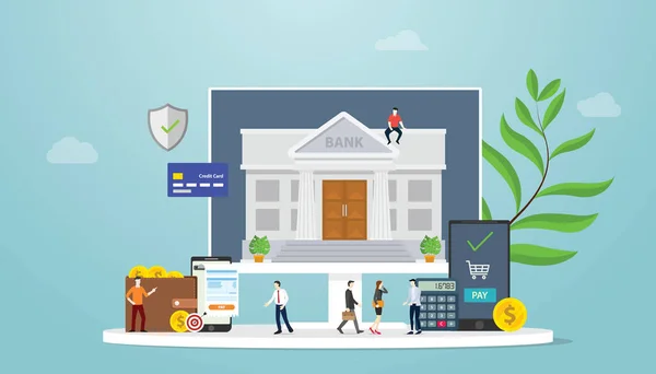 Conceito de tecnologia de pagamento móvel bancário online com pessoas de equipe e financiamento de dinheiro - vetor —  Vetores de Stock