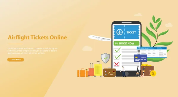 Buku online atau tiket pemesanan untuk konsep penerbangan dengan aplikasi smartphone untuk situs templat situs mendarat dengan gaya flat modern - vektor - Stok Vektor