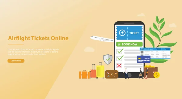 Książka online lub rezerwacji biletów do koncepcji airflight z smartphone appfor stronie szablon Landing Strona główna z nowoczesnym płaskim stylu-wektor — Wektor stockowy