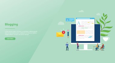 modern düz tarzı ile web sitesi şablonu açılış ana sayfası için ekip insanlarla dizüstü bilgisayar ve içerik geliştirme ile blog veya blog yaratıcı kavram - vektör