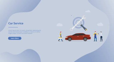 mekanik insanlar ve web sitesi şablonu veya iniş ana sayfası için müşteri ve modern düz tarzı ile takım araba hizmeti - vektör