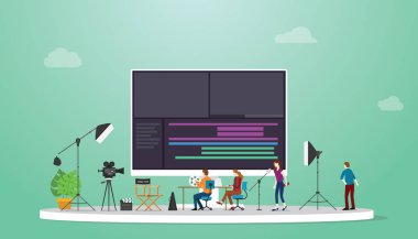modern düz tarzı ile videoları da letmek için bazı araçlar ile takım video editörü ile film veya video üretim konsepti - vektör